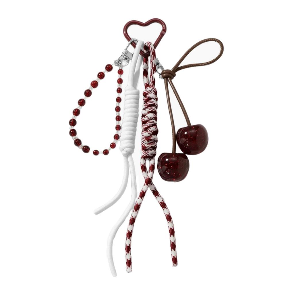 Fashionable Cherry Keychain For Daily Use Soft Braided Rope With Alloy Detail Bead Bag Charm Key Holder Bags Pendant