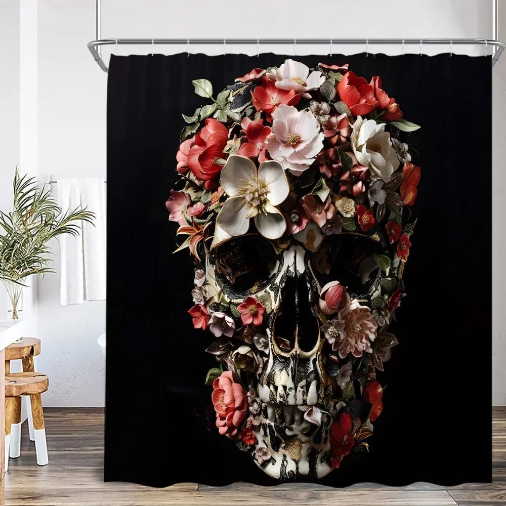 Funny Floral Skull Shower Curtain Bathroom Decoration Happy Halloween Polyester Shower Curtain with Hook