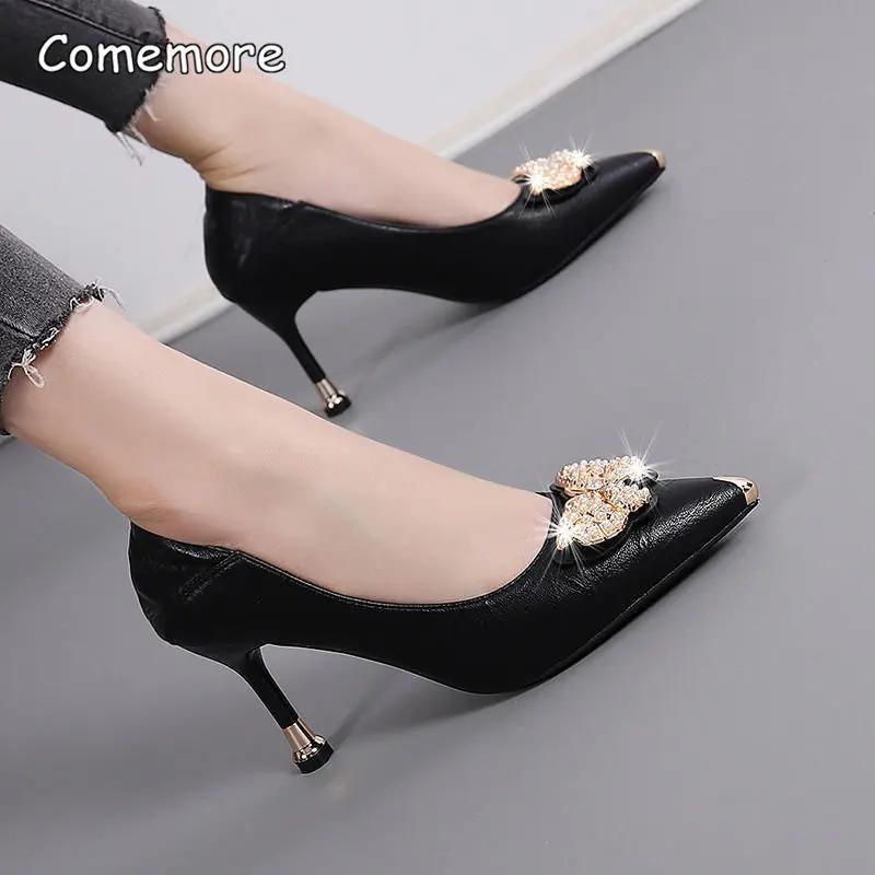 Comemore 2025 Leather High Heels for Women Butterfly Stiletto Heeled Pointed Shoes with Rhinestones Zapatos De Mujer 34