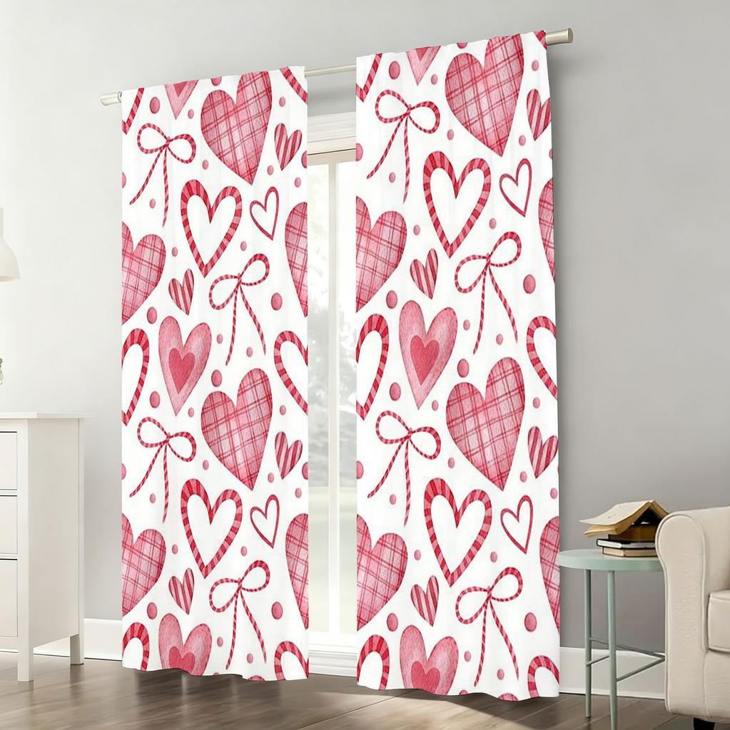 2pcs Red and white checkered heart-shaped bow curtain   sweet   bedroom and living room   with a drawbar pocket decoration