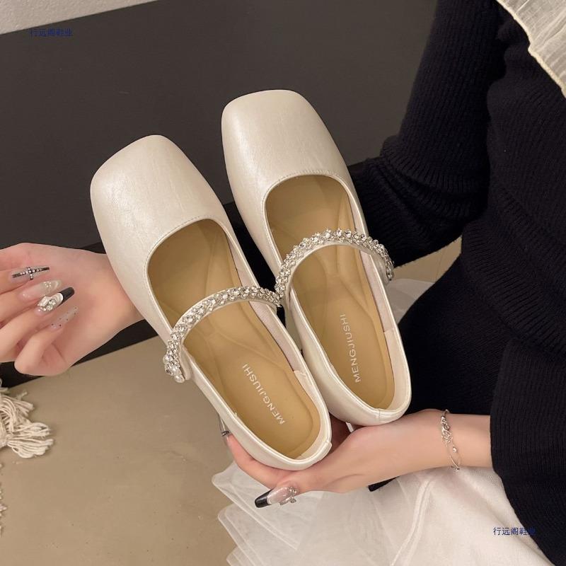 Champagne Gold One-word Rhinestone Flat-soled Mary Jane Shoes New Square Head Shallow Mouth Soft Sole Versatile Single Shoes Women