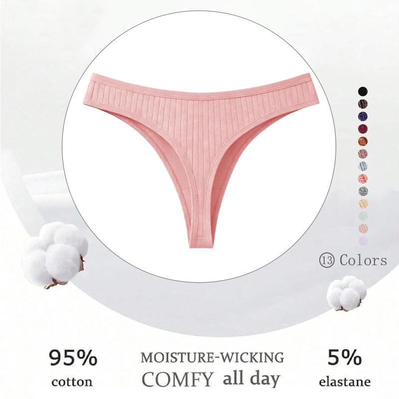 FINETOO 4Pcs/Set Cotton Ribbed Thongs For Women Seamless Solid Color High Quality Underwear Ladies Cozy Breathable Sexy G-String