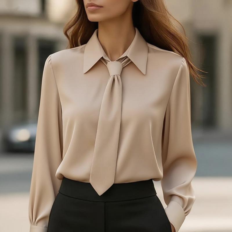 Spot 2025 New Autumn Solid Color Casual Tie Long-sleeved French Shirt Women's Shirt