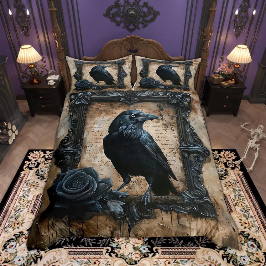 Homewish Happy Halloween Duvet Cover Set Retro Crow Bedding Set Botanical Plant Quilt Cover Set