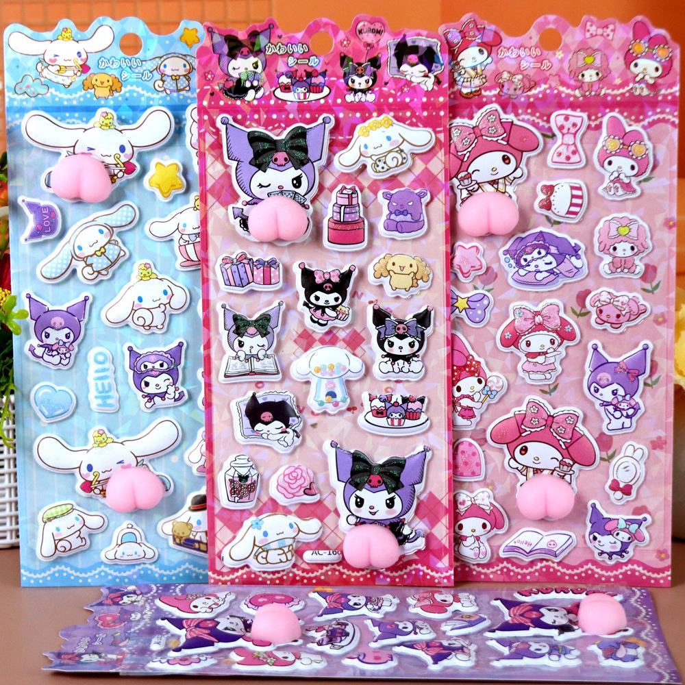 4Pcs Cute Sanrio 3D Relief Stickers Cinnamoroll My Melody Kuromi Kawaii Squishy Decals Stress Relief Toy Gift