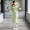 2025 New Style Children's Green Cheongsam Dress with Fleece – Long Sleeve National Style for Little Girls