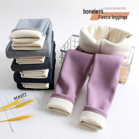 Girls' Winter Fleece-Lined Cotton Leggings with Rabbit Embroidery