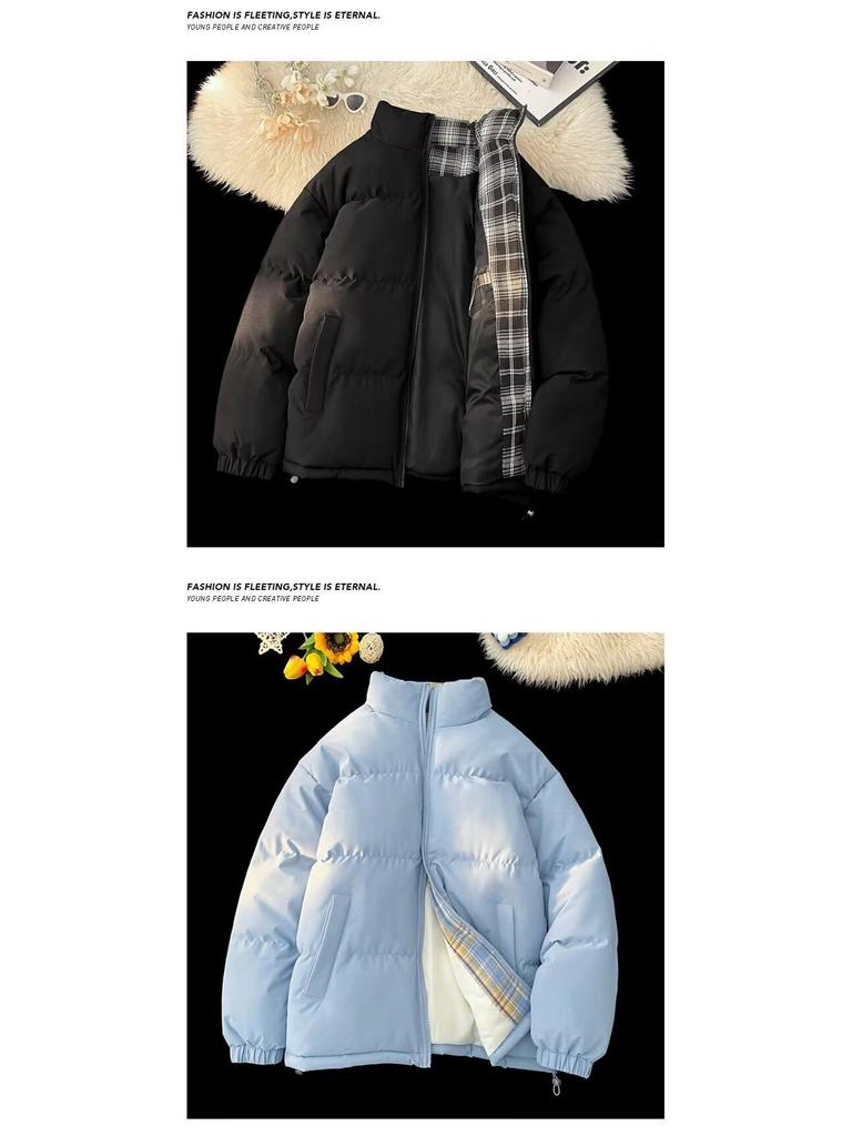 Unisex Black Plaid Patchwork Cotton Jacket – Warm Stand Collar Winter Outerwear