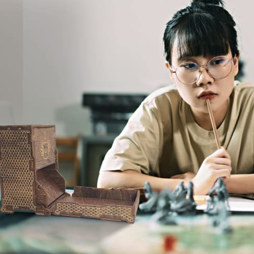 FOXBITE Dungeons and Dragons Dice Tower - Wooden Laser-Etched DND Dice Scroll with Portable Folding Tray