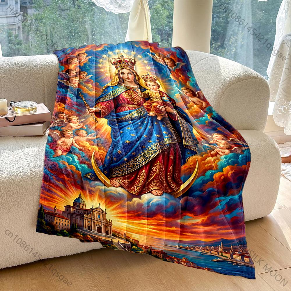 1PC Virgin Mary with child, angels Faith-printed Flannel Blanket Soft and Warm Suitable for Home Travel Picnics Camping and RV