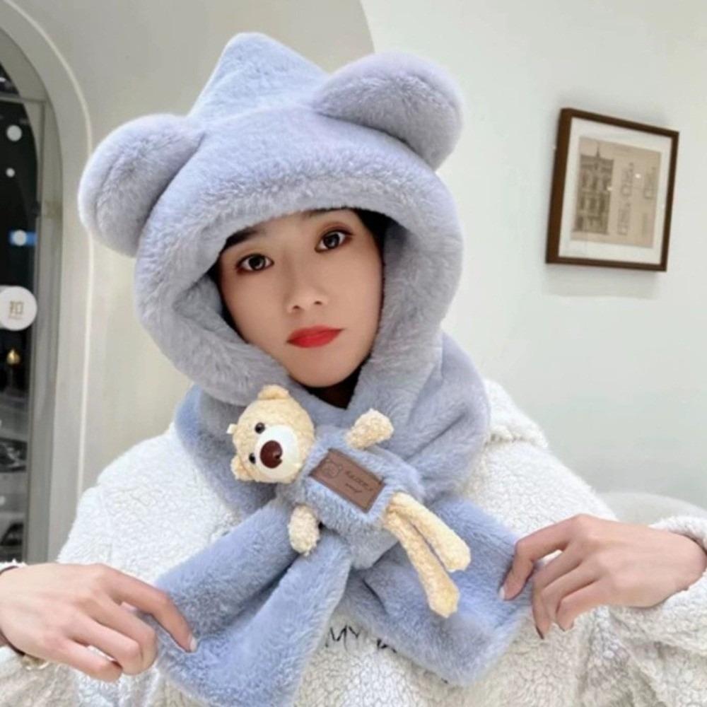New Cute Bear Integrated Hat Scarf Set Windproof Pullover Cap Coldproof Warm Ear Protection Hat Outdoor Sports
