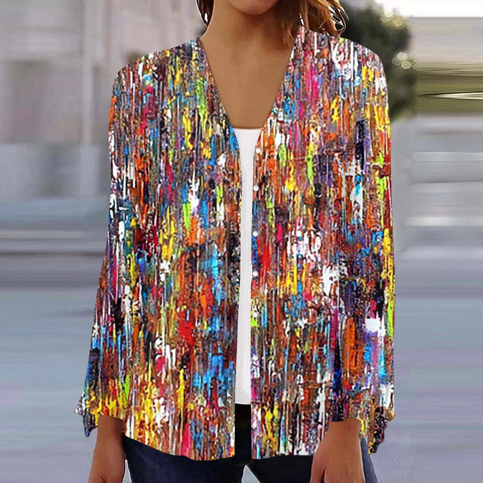 

Женская модная свободная повседневная рубашка с длинным рукавом и пуговицами с принтом, кардиган, блузка, куртка M