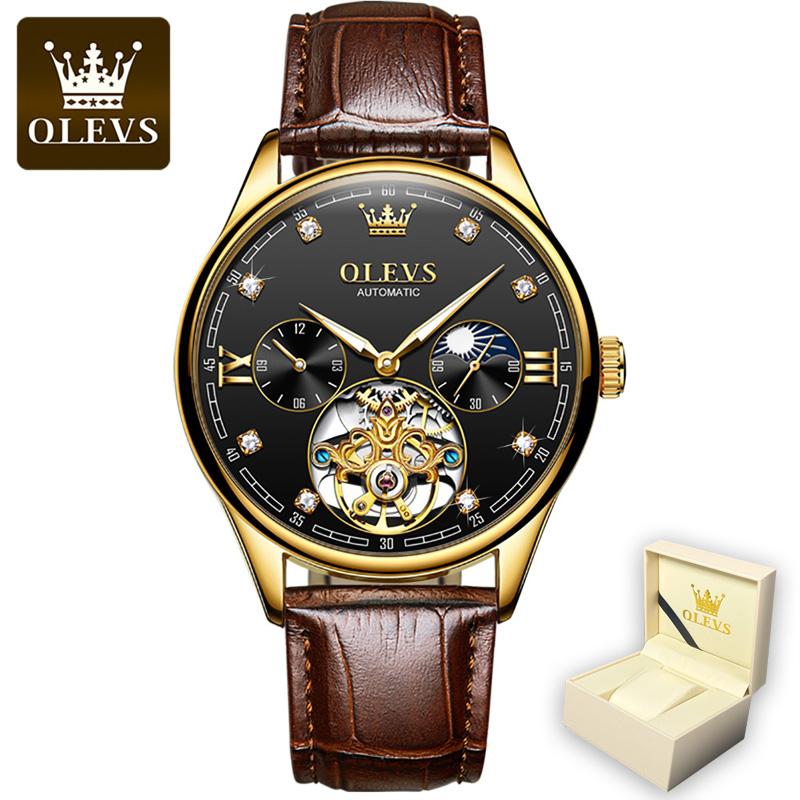 

OLEVS 3601 с подарочной коробкой, автоматические механические настольные модные мужские часы с полым маховиком