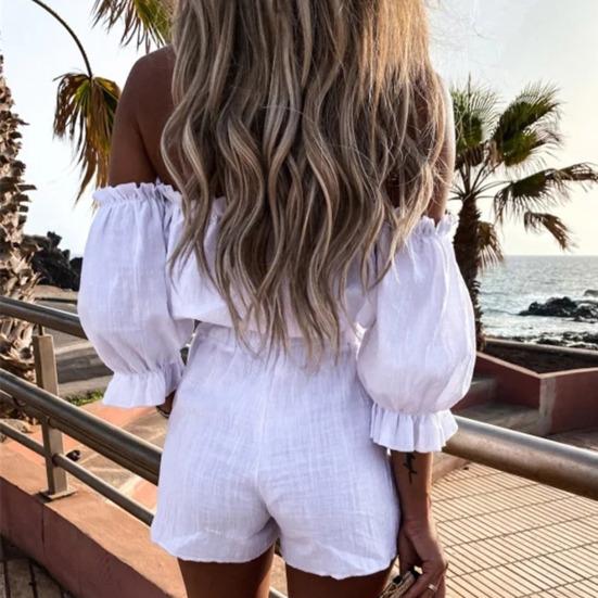 2 ks/sada Dámský crop top a šortky set Řasení Krátký Nafouknutý rukáv Odhalená ramena Bez zad Bandeau Vysoký pas Jednobarevný Kapsy Dámský Klubový párty outfit