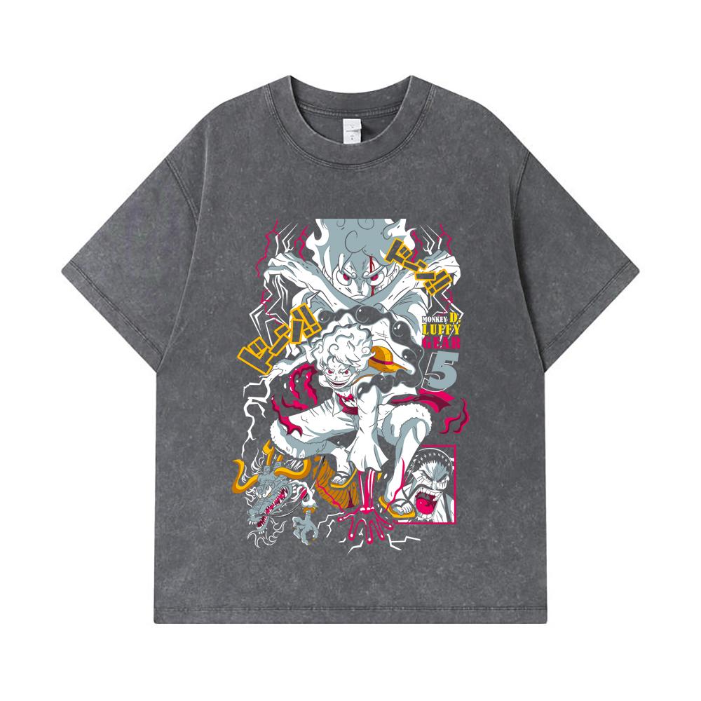 275 GSM Washed T-shirts 100% Cotton One Piece V23 Luffy Gear Print Unisex Heavy Cotton T Shirt