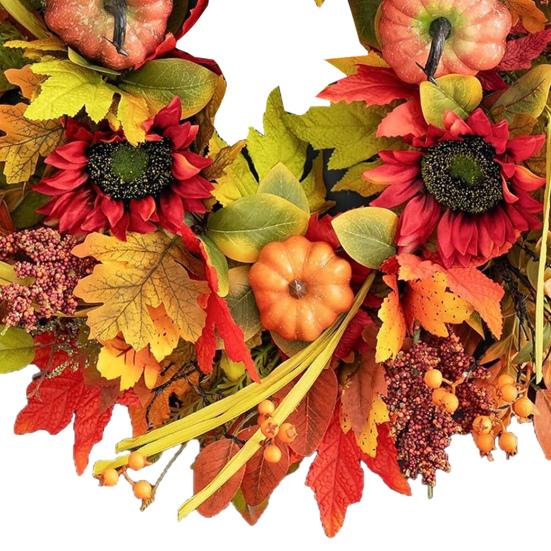 18 Inch Fall Wreath for Front Door Large Autumn Wreath with Artificial Pumpkins Sunflowers Maple Leaves for Thanksgiving Harvest Farmhouse Porch Wall