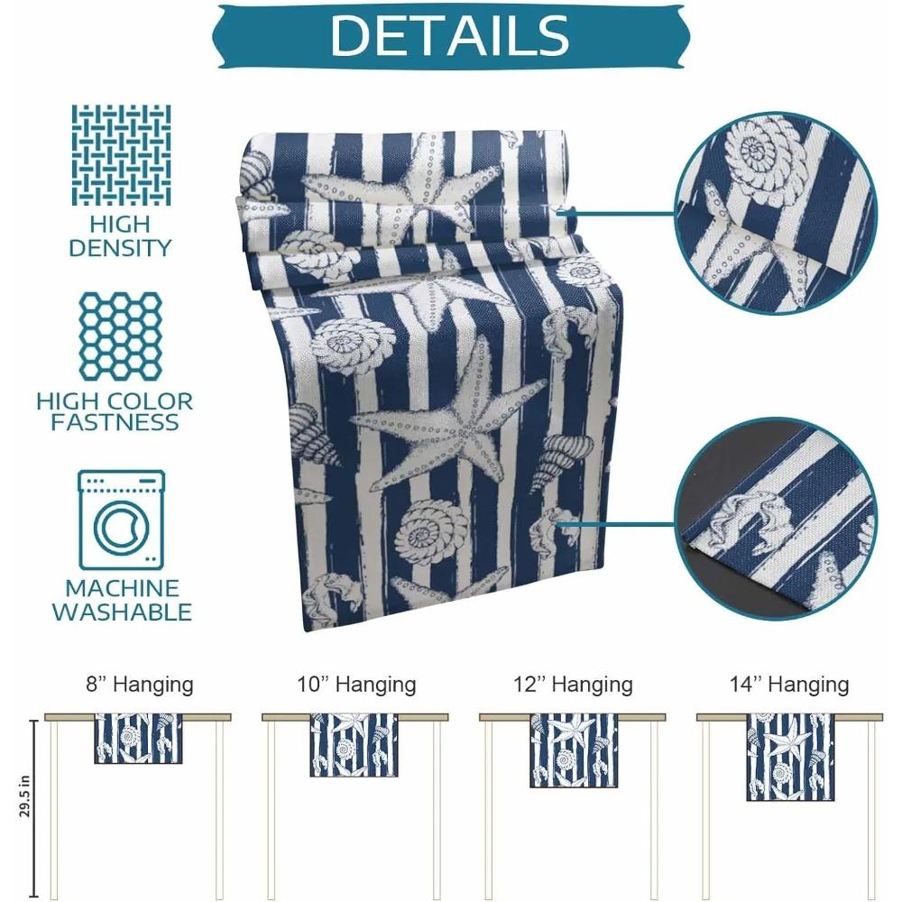 Nautical Ocean Blue Stripes Linen Table Runners Dresser Scarf Decor Washable Beach Conch Starfish Shell Table Runner Party Decor