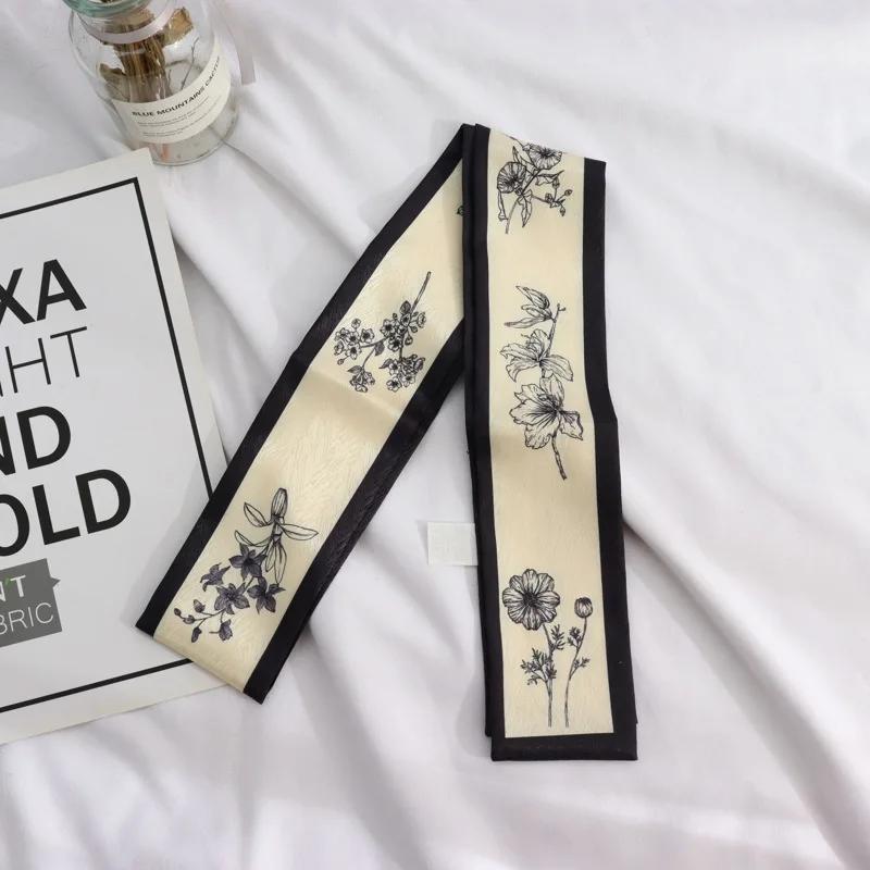 Plant Print Fashion Hair Ribbon Scarf Neck Tie Bag Scarfs Satin Silk Skinny Headscarves For Women