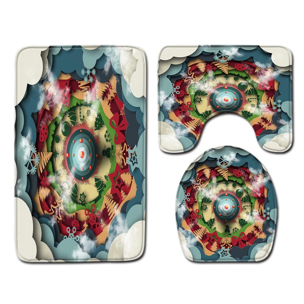 Christmas Shower Curtain Floor Mat Combination Four-Piece Set Bathroom Toilet Carpet Shower Room Mat Foot Mat