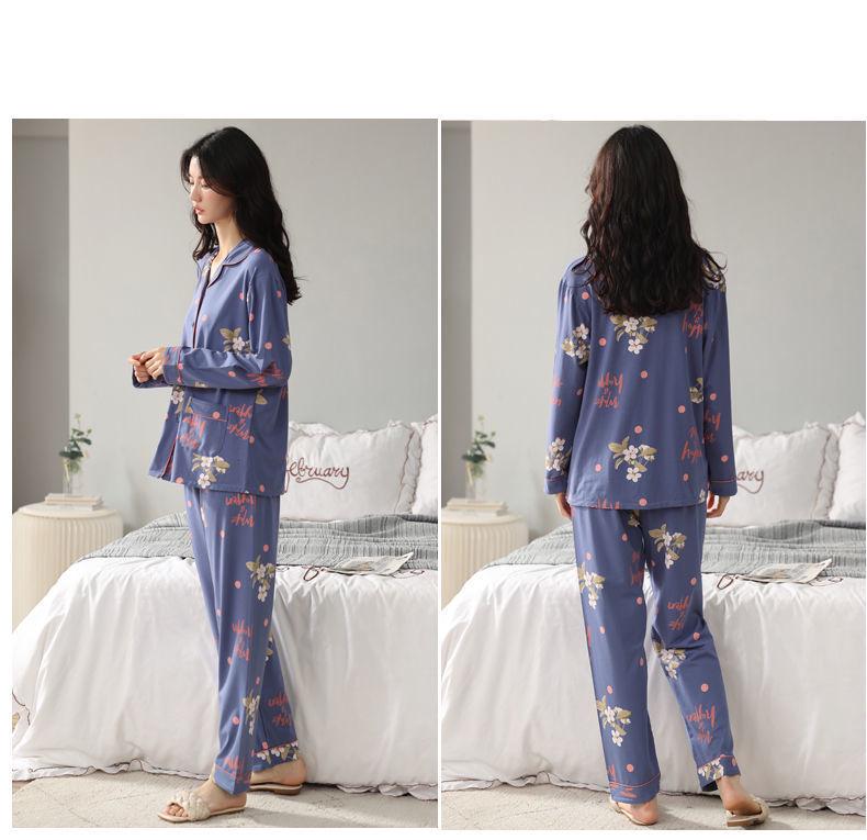 Langarm-Schlafanzug für Damen aus 100 % Baumwolle für Frühling und Herbst: Locker sitzende Homewear für Frauen mittleren Alters