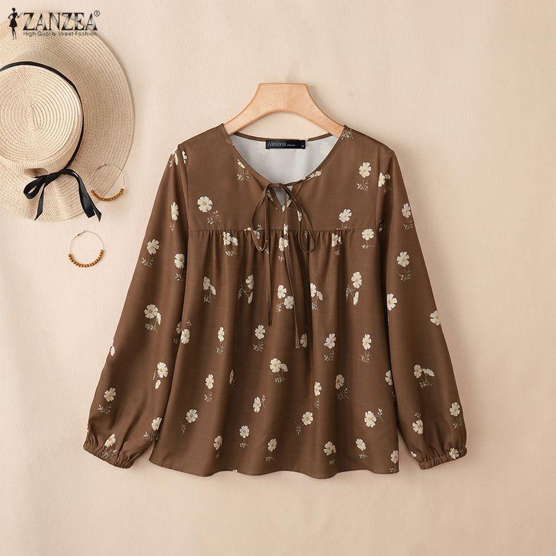 ZANZEA Women Casual Round Neck Floral Print Loose Long Sleeve Blouse