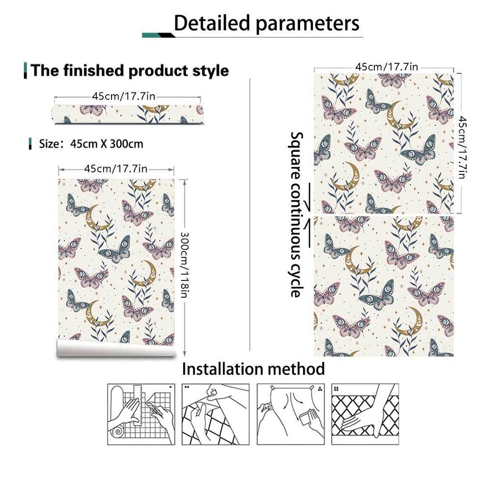 Peel and Stick Wallpaper Butterfly Moon Removable Boho Contact Paper Stick On Kid Bedroom Cabinet Vinly Waterproof Wall Paper