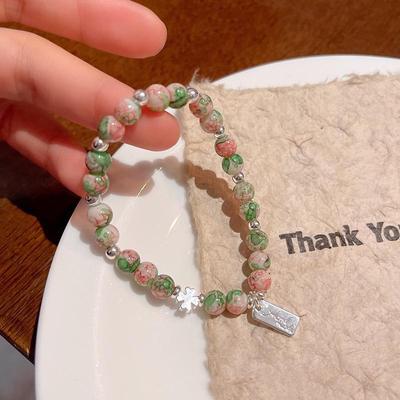 Elegant Cherry Pink Shoushan Stone Beaded Bracelet for Women