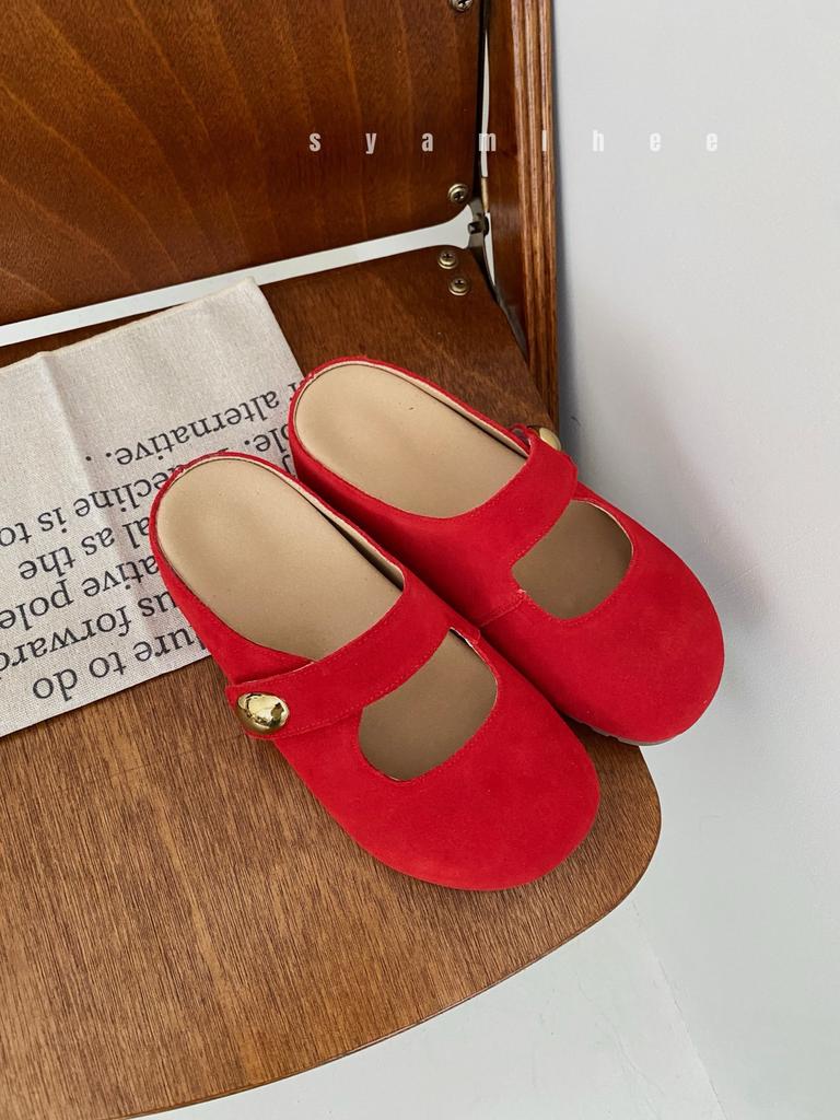 Cowhide Inner Height Increase 5cm Bag Head Slippers Women's Small Golden Bean Big Round Head Single Shoes Half Slippers