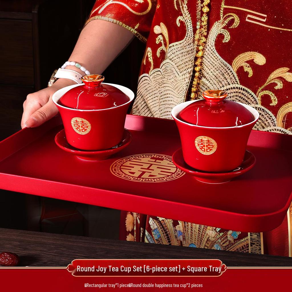 Red Wedding Tea Set: Teacups, Bowls, Chopsticks for Toasting & Dowry