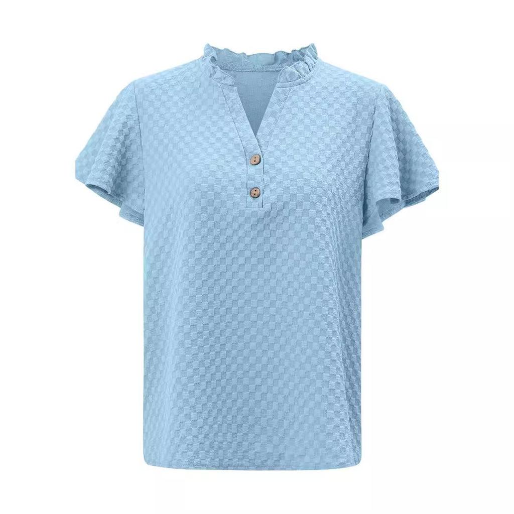 Spring Summer Fresh Casual Women'S Pullover Plaid V-Neck Button Lace Collar Decoration Slim Straight Tube Short Sleeved Top T-Shirt Blouse