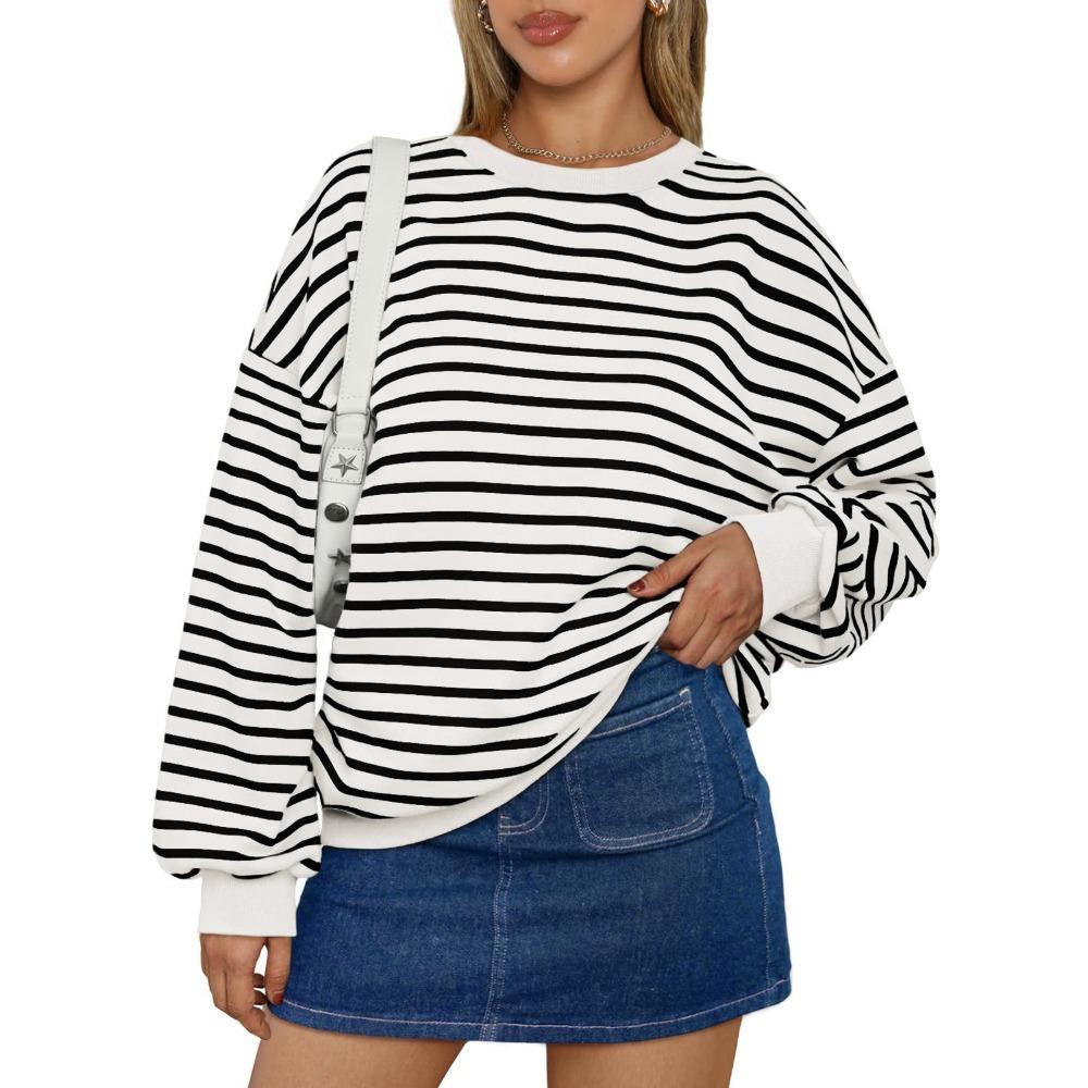 Autumn and Winter Colorful Striped Round Neck Loose Sweatshirt for Women