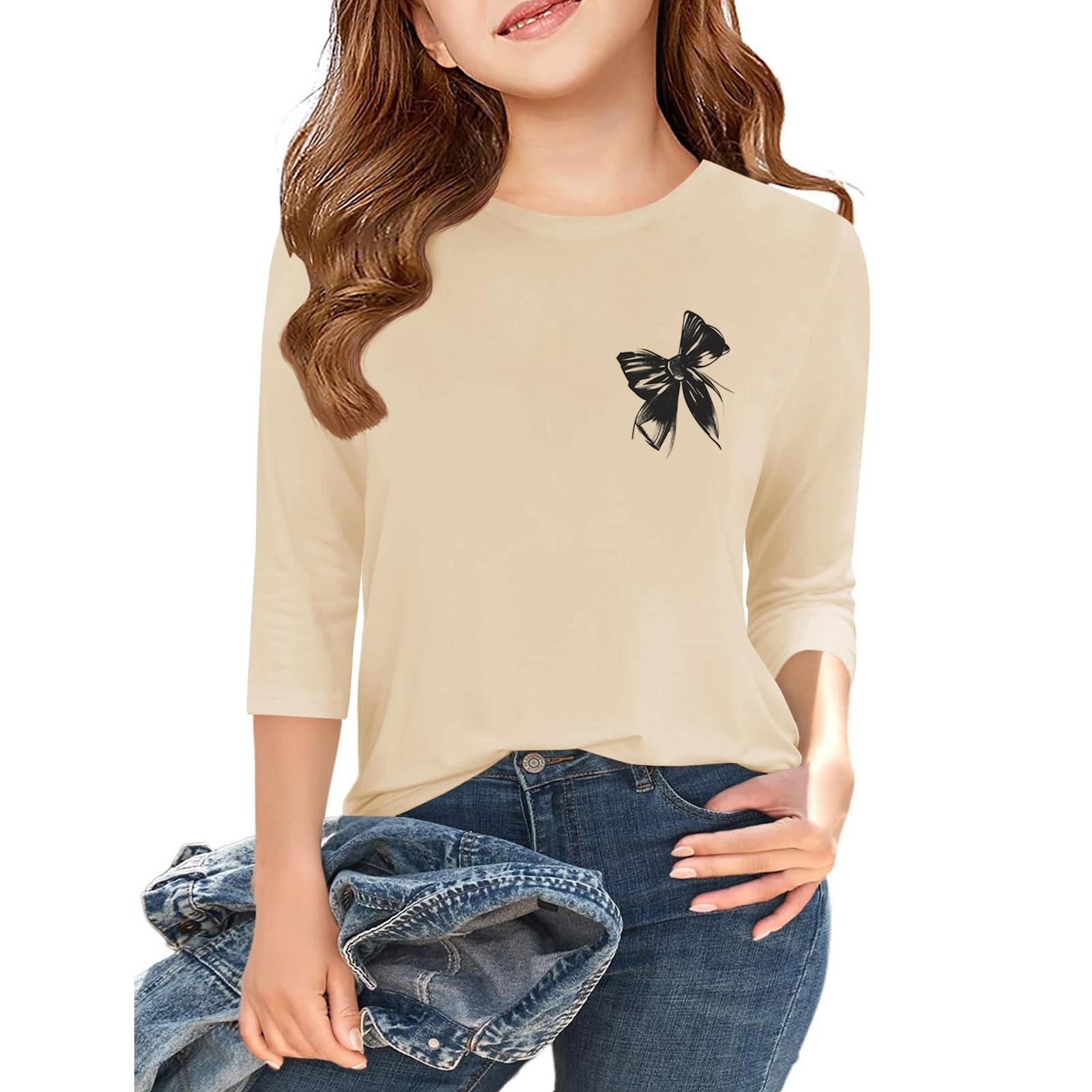 

Print Tops For Youth Girls Round Neck 3/4 Sleeves T-Shirts Trendy Tops Outfit Tees 110 бежевий