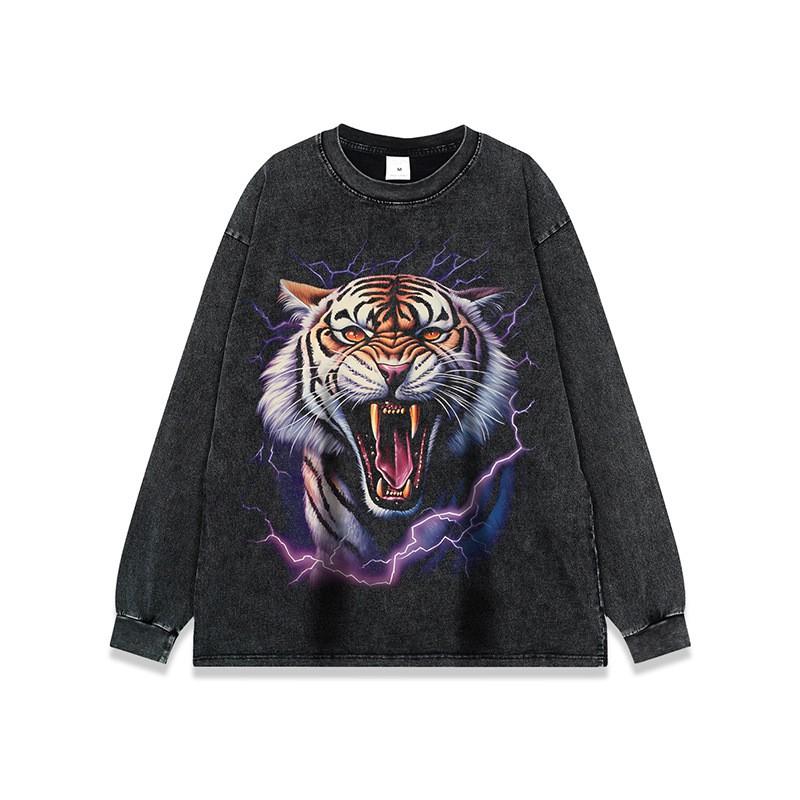 Mens Oversized Retro Tiger Print Long Sleeve Tee Cotton Heavyweight Washed Streetwear Hip Hop T-Shirt