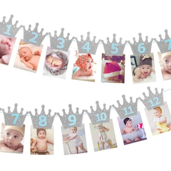 1st Baby Birthday Party Glitter Crown Monthly Photo Banner 1-12 Months Garland