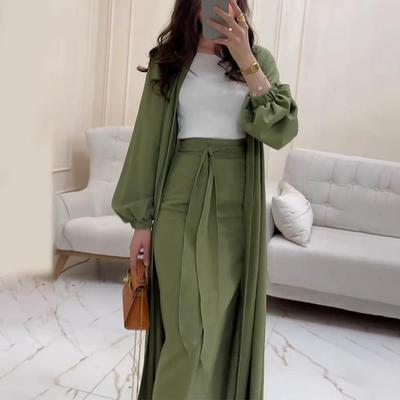 Cardigan Abaya Satinat cu Mâneci Bufante pentru Femei Dubai Set Elegant Rochie Lungă cu Curea Ținută din Două Piese