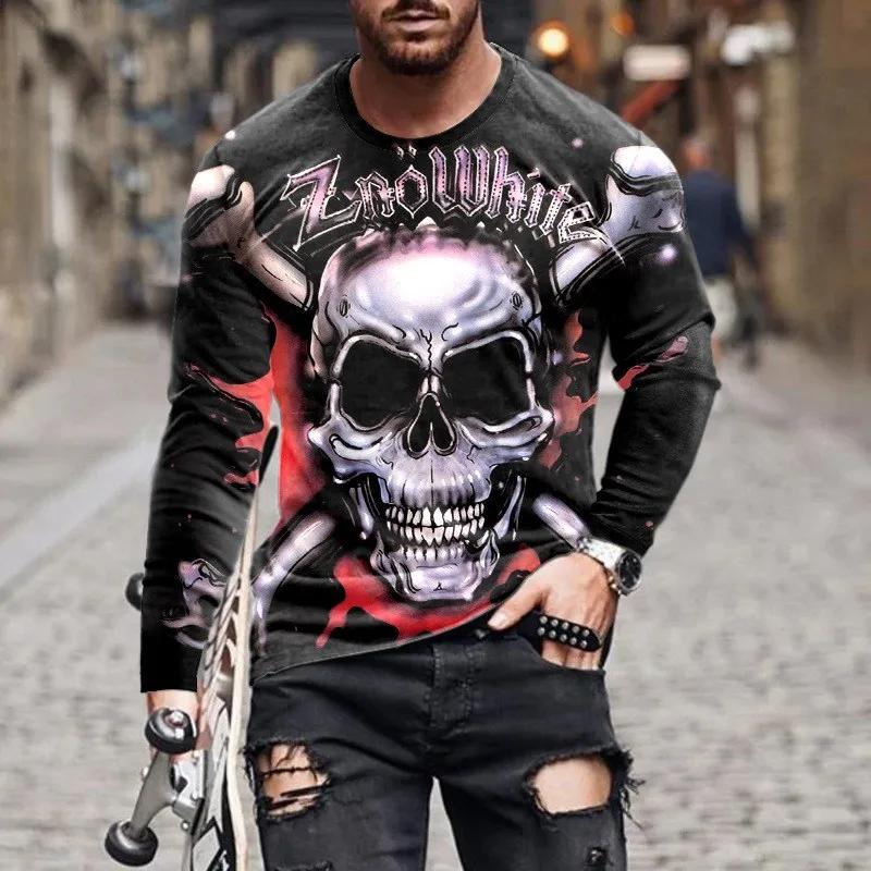 Round Neck 3D Skull Printed Top Fashionable Long Sleeved Men's T-shirts - Soft Medium Stretch Polyester Fabric Spring and Autumn Relaxed Fit Clothing