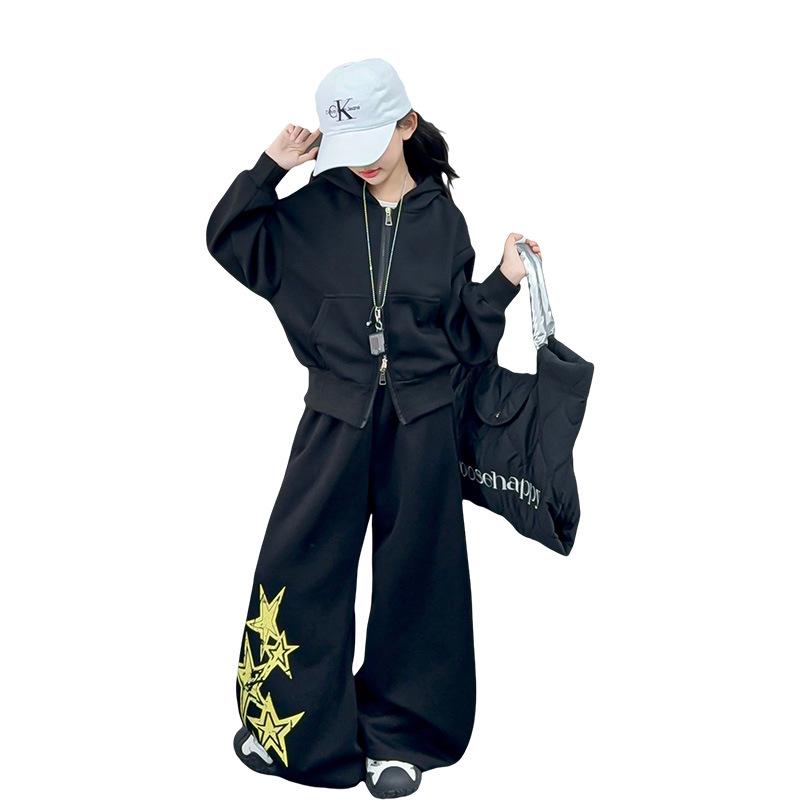 Girls' Spring & Autumn 2025 Set: Korean Style Hooded Jacket with Star Scimitar Pants for Middle & Big Kids