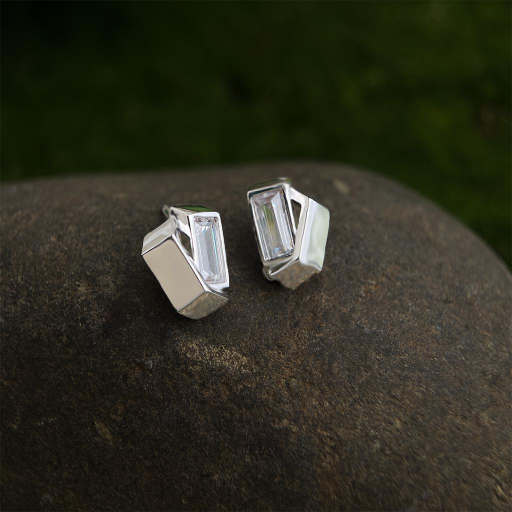 Thick Gold Plated Geometric Zircon Rectangle Stud Earrings with Minimalist s925 Silver Needle