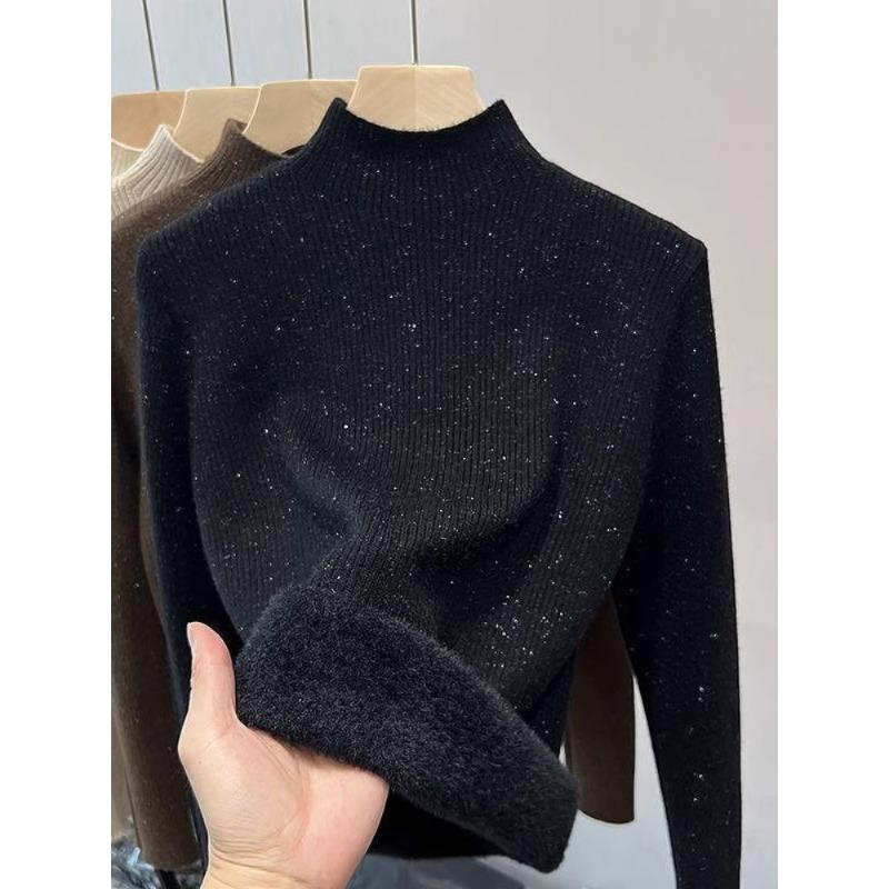New autumn and winter bright silk semi-turtleneck integrated fleece-knitted sweater women's thickened warm bottoming shirt top tide