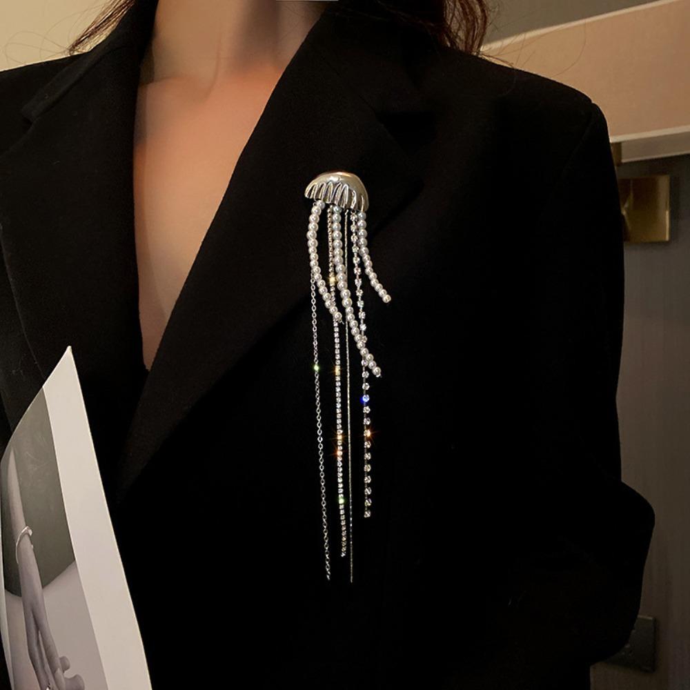 Jewelry Accessories Jellyfish Brooch Silver Color Corsage Badge Pin New Pearl Tassel Brooch
