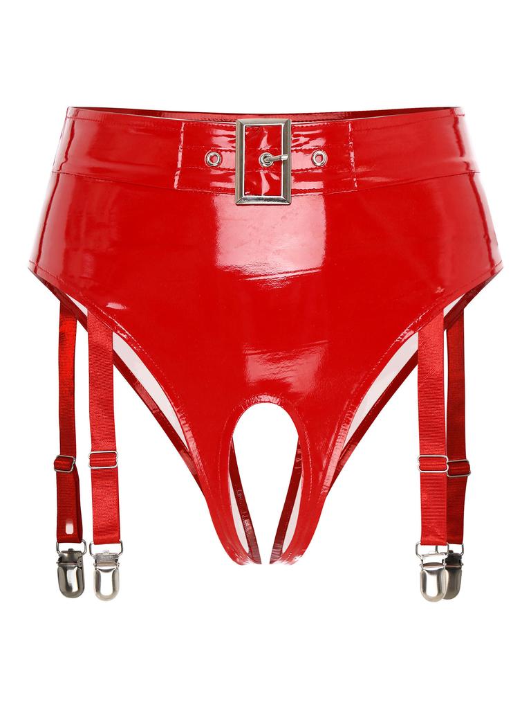 Womens 2Pcs Lingerie Set Wet Look Patent Leather Bra with Panties Teddy Bikini Underwear