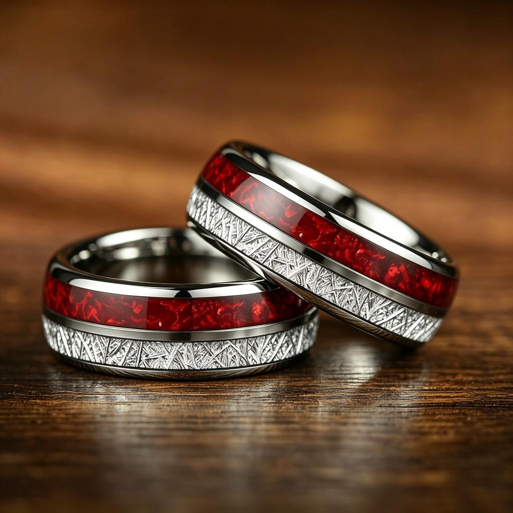 Luxury Red Opal & Meteorite Inlay Rings for Men Women, Fashion 8mm CopperColor Men Stainless Steel Rings, Wedding Band Jewelry