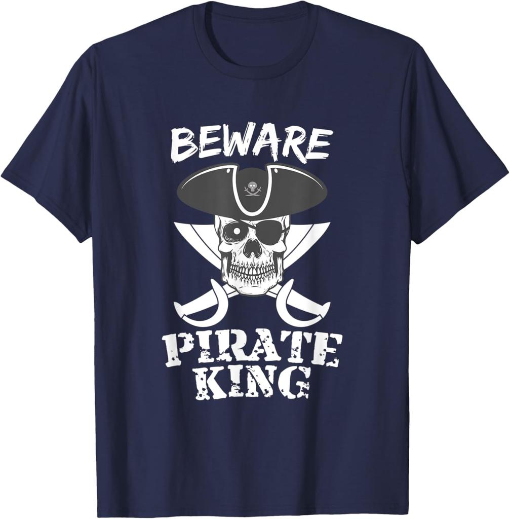 Beware Pirate King Skull and Crossed Swords Graphic Tee Casual Cotton Short Sleeve TShirt