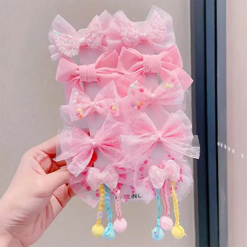10pcs/set Mesh Bowknot Flower Hair Clips Sweet Cute Children Colorful Hairpin Headwear Hair Accessories