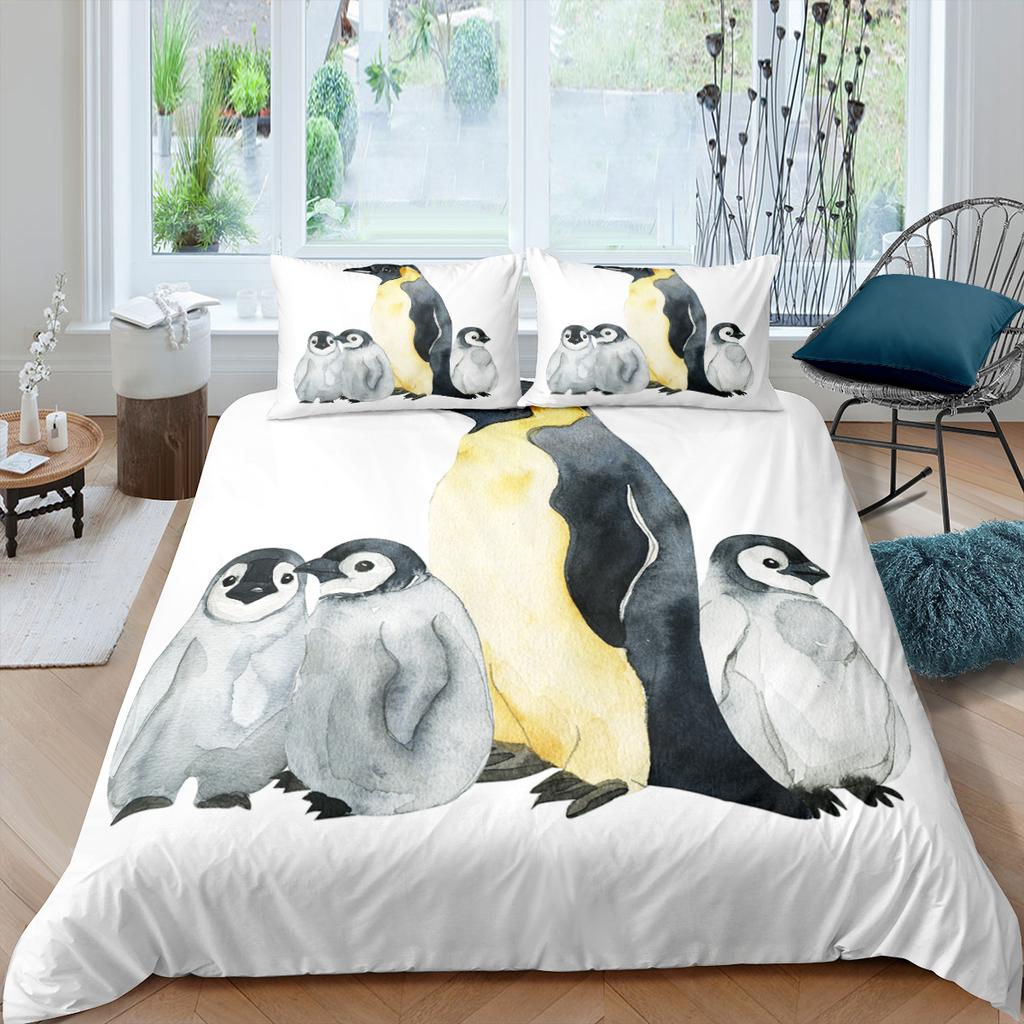 Penguin King Queen Duvet Cover Lovely Black White Antarctic Animals Bedding Set For Kids Wildlife 2/3pcs Polyester Quilt Cover