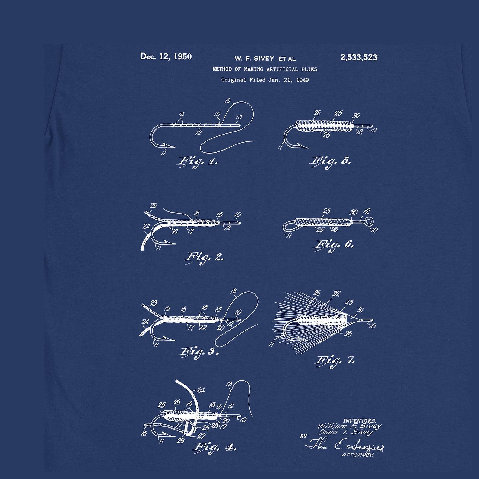 Fly Fishing Flies Patent Art T-Shirt: 100% Cotton Gift 4XL