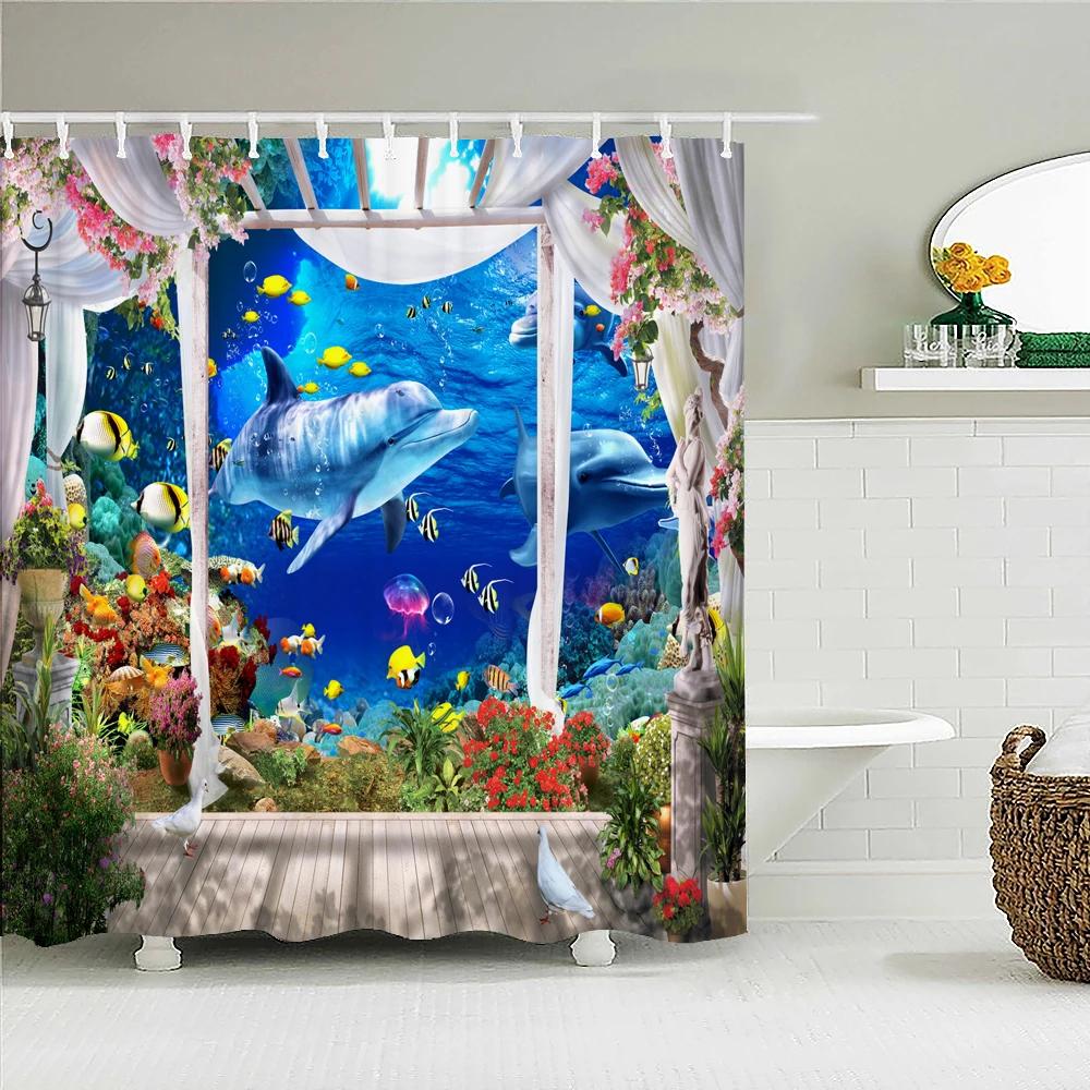 3D Bathroom Curtains Ocean Fish Jellyfish Shell Starfish Dolphin Anchor Shower Curtain Waterproof Fabric Cartoon Boy Bath Screen