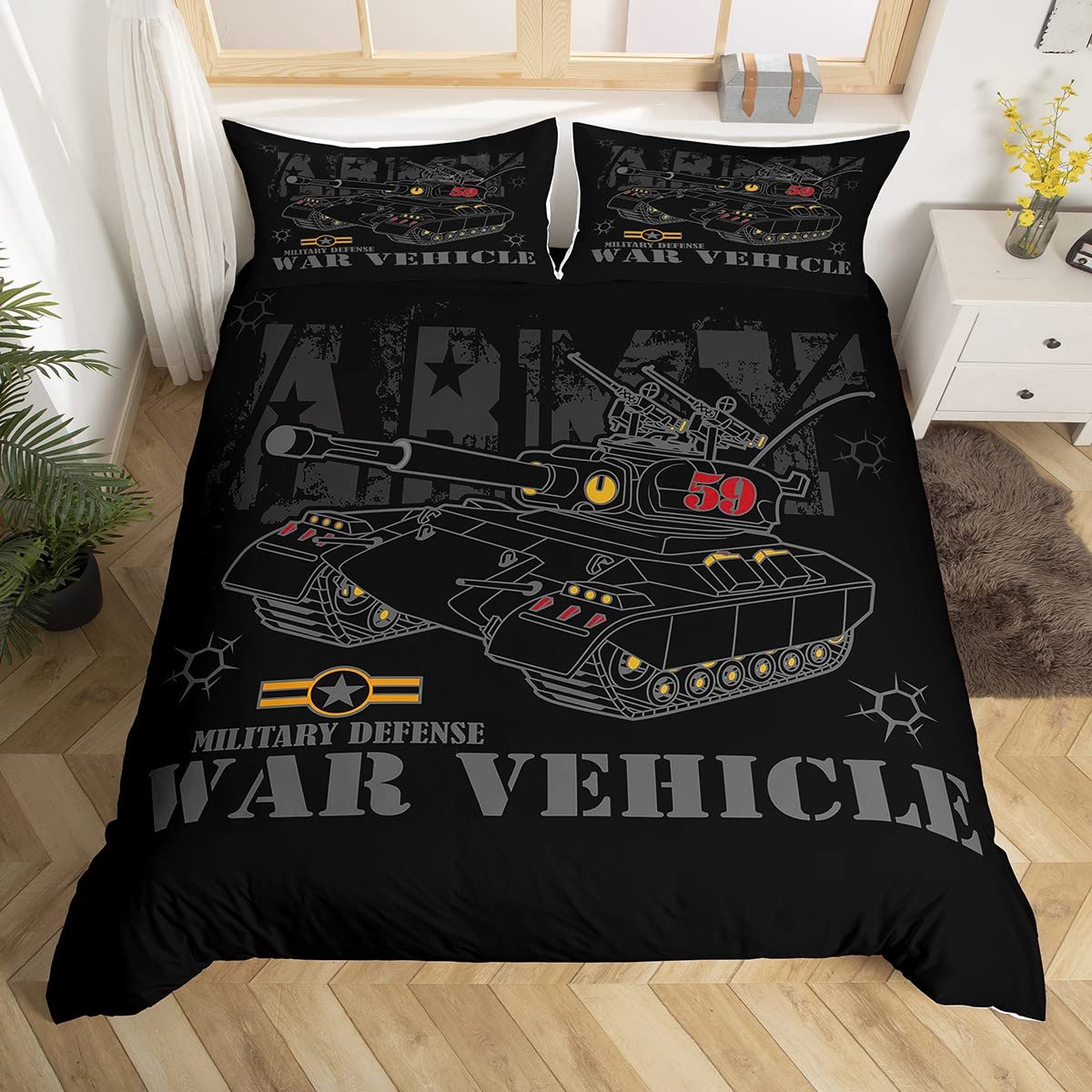 

Cartoon Tank King Queen Duvet Cover War Theme Bedding Set for Kids Boys Man Soldier Dirt Bike Camouflage Army Acting Quilt Cover 70x133cm 2pcs