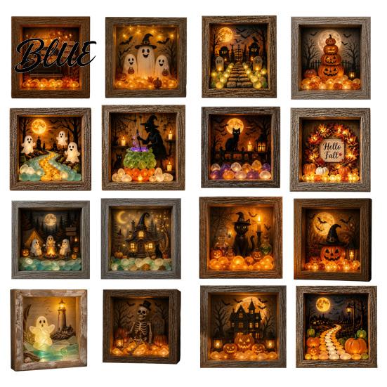 Handmade Halloween Room Decorations DIY Shadow Box Night Light Kit 8.5 Inch Wooden Frame LED Craft Set with Seasonal Mantelpiece Decor Sets Luminous