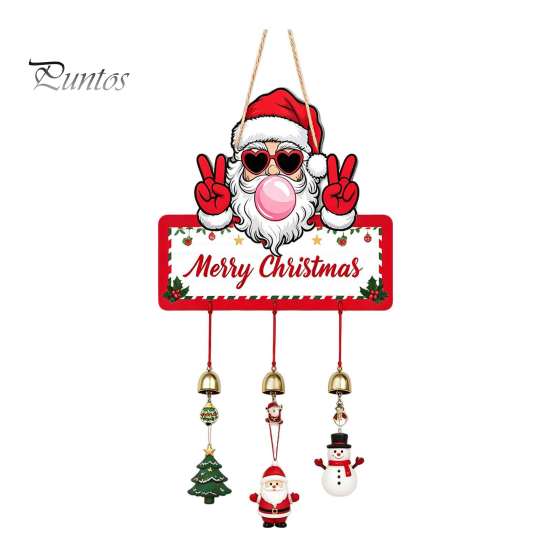 Festive Hanging Ornament Merry Christmas Wooden Wall Door Sign with Bells, Rustic Santa Snowman Indoor Holiday Party Supplies Tree Reindeer Decorative